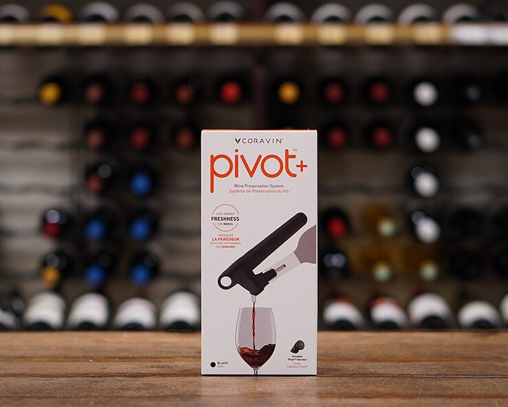 Coravin Pivot+ Wine Preservation System. Black. With 2 Coravin capsules, 2 stoppers and a Coravin aerator.